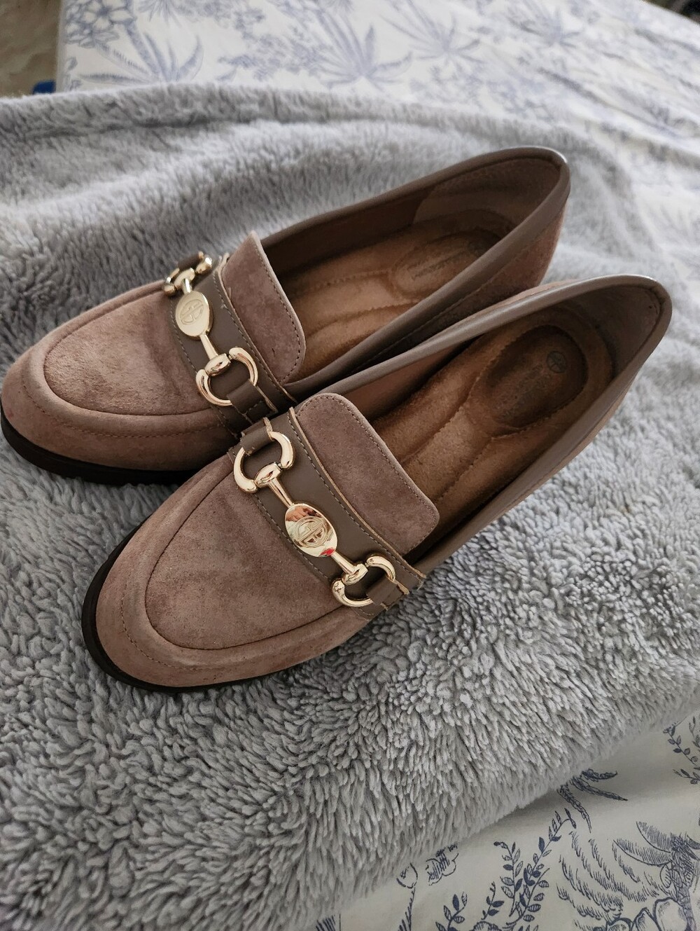 Taupe Suede Block Heel Loafers with Gold Accent